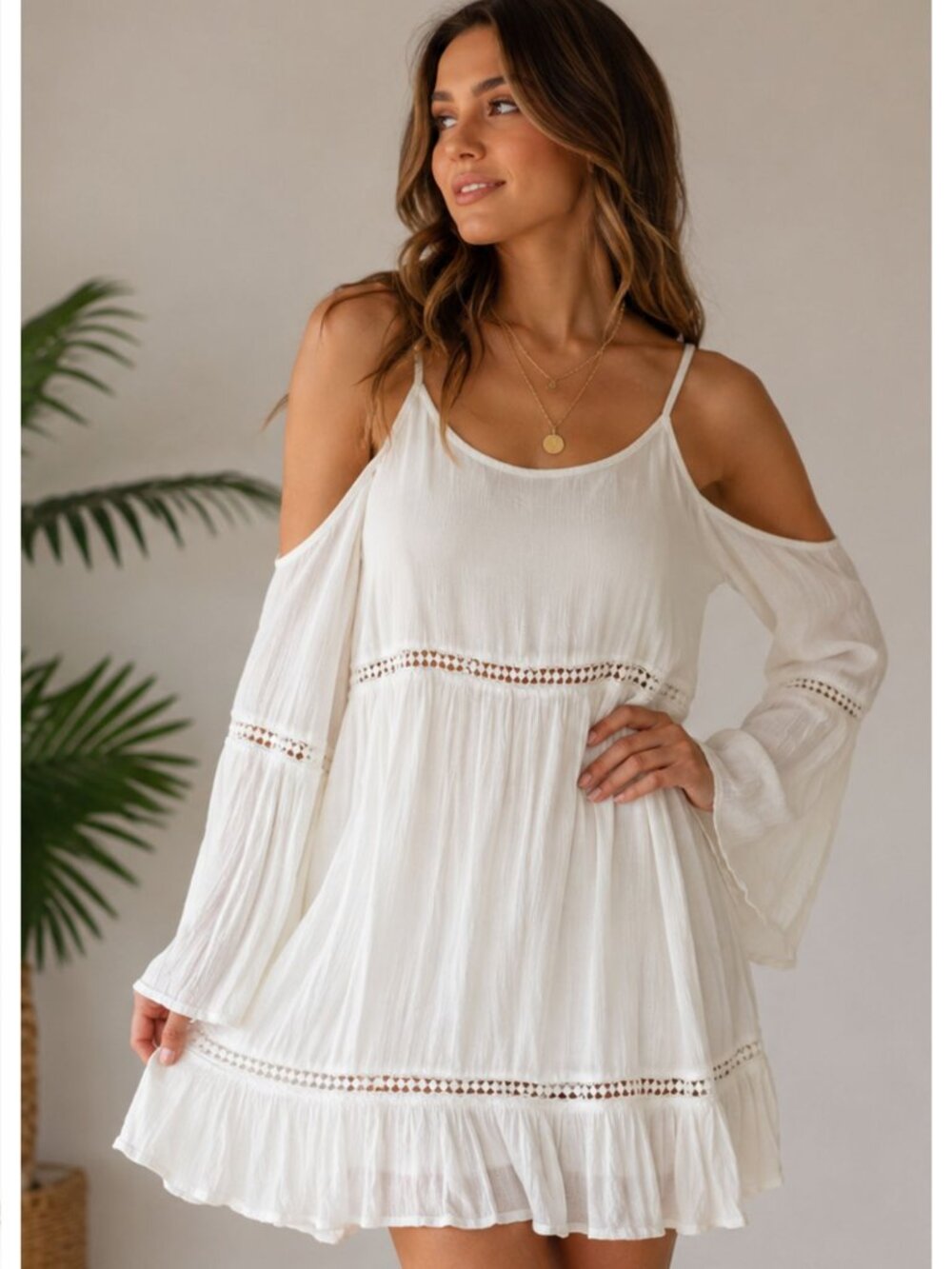 Patrons of Peace White Cold Shoulder Boho Mini Dress Size Small